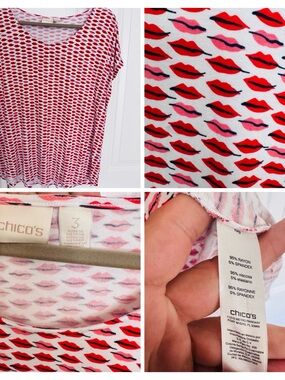 Chico's Red & Pink Lip-Print Short Sleeve Scoop Top